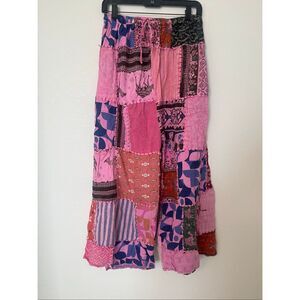 Wevez Pink Patchwork Wide Leg Pants – Boho Festival Lounge Pants – Elastic Waist